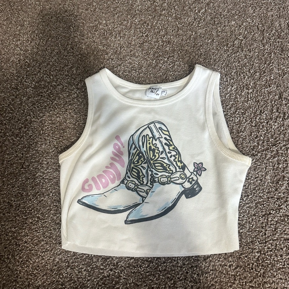 White Crop Top with Cowboy Boots Graphic